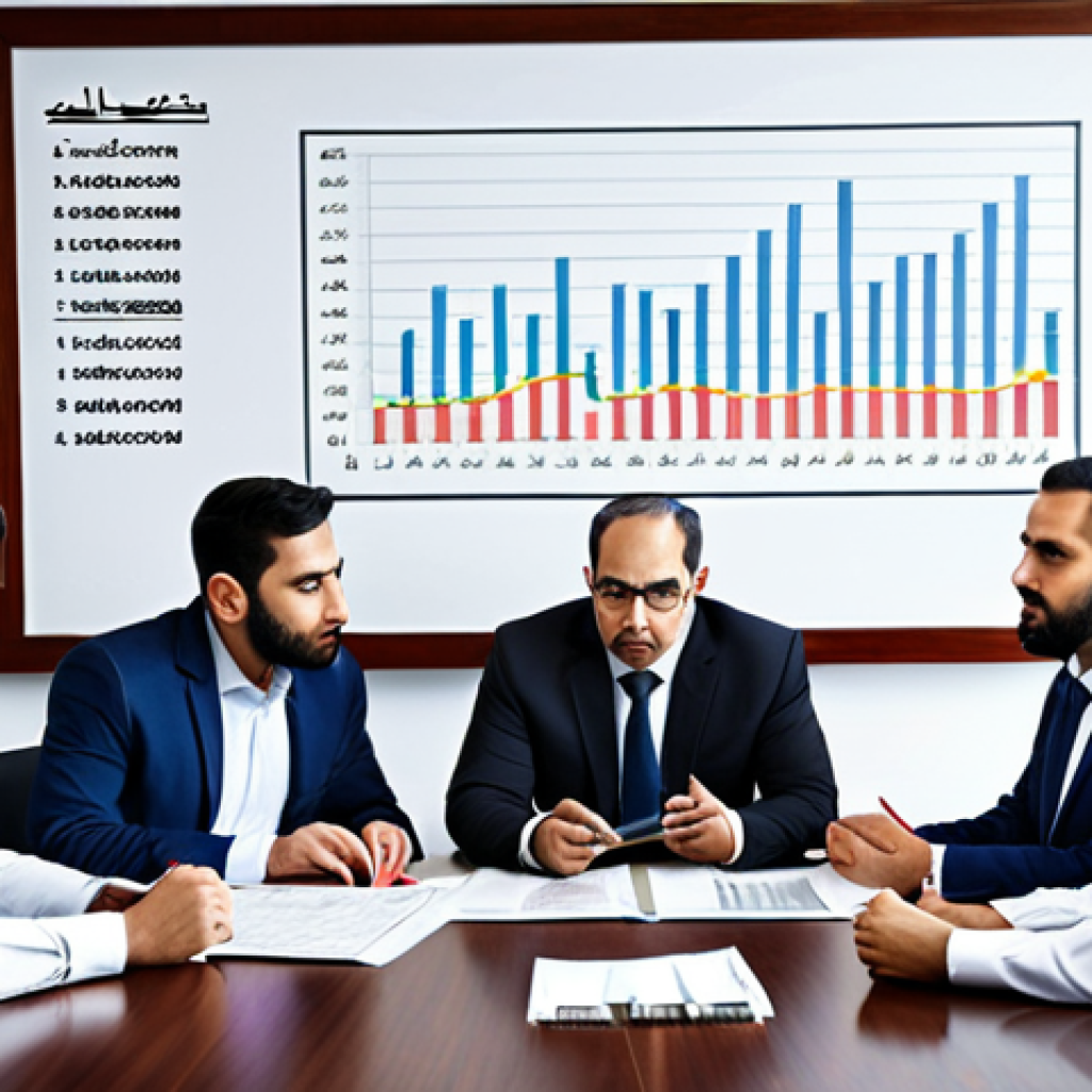 **

Prompt: A diverse group of investors analyzing charts and graphs related to real estate, infrastructure, and commodities. The setting is a modern office with Arabic script visible on some documents. Emphasize growth and stability in the visual.

**