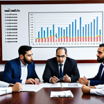 **

Prompt: A diverse group of investors analyzing charts and graphs related to real estate, infrastructure, and commodities. The setting is a modern office with Arabic script visible on some documents. Emphasize growth and stability in the visual.

**