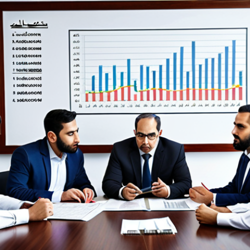 Home 11 **
Prompt: A diverse group of investors analyzing charts and graphs related to real estate, infrastructure, and commodities. The setting is a modern office with Arabic script visible on some documents. Emphasize growth and stability in the visual.
**