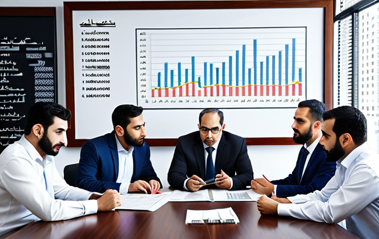 **
Prompt: A diverse group of investors analyzing charts and graphs related to real estate, infrastructure, and commodities. The setting is a modern office with Arabic script visible on some documents. Emphasize growth and stability in the visual.
**