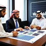 **Prompt:** A diverse group of investors analyzing charts and graphs related to real estate, private equity, and hedge funds. The scene should convey a sense of sophisticated financial analysis and strategic decision-making in alternative investments, with an Arabian touch in the attire and background.