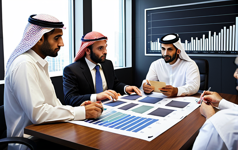 **Prompt:** A diverse group of investors analyzing charts and graphs related to real estate, private equity, and hedge funds. The scene should convey a sense of sophisticated financial analysis and strategic decision-making in alternative investments, with an Arabian touch in the attire and background.