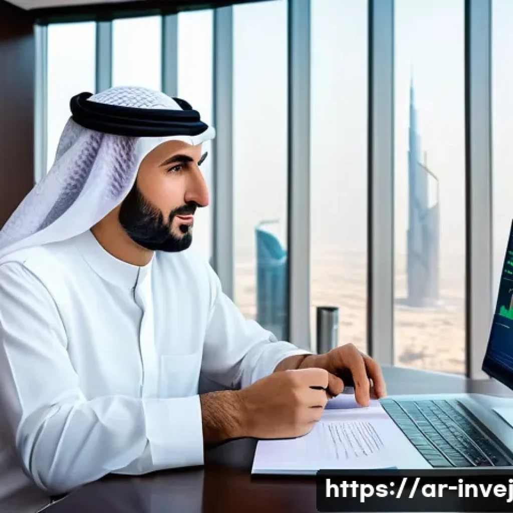 대체투자 포트폴리오에서의 대체 자산의 역할 - A sophisticated modern Middle Eastern investor’s office with a panoramic view of a city skyline feat...