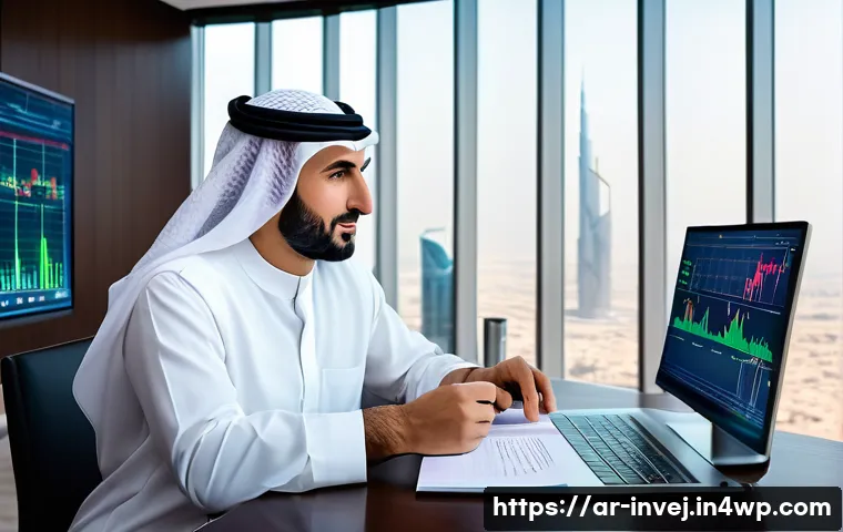 대체투자 포트폴리오에서의 대체 자산의 역할 - A sophisticated modern Middle Eastern investor’s office with a panoramic view of a city skyline feat...