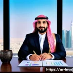 Home 18 대체투자 포트폴리오와 자산 클래스 다양성 - A sophisticated Middle Eastern investor in traditional attire sitting at a sleek modern desk filled ...