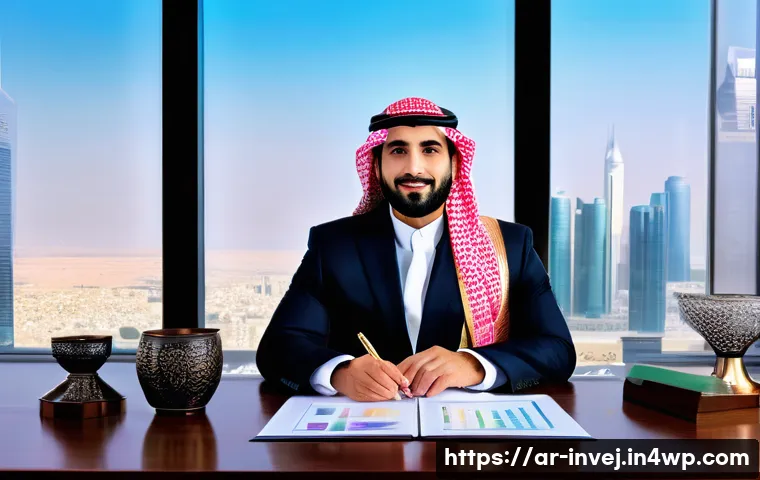 대체투자 포트폴리오와 자산 클래스 다양성 - A sophisticated Middle Eastern investor in traditional attire sitting at a sleek modern desk filled ...