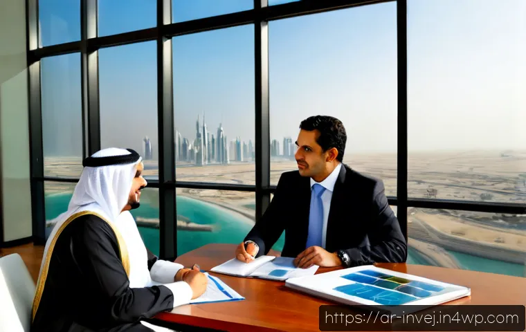 Home 17 대체투자 포트폴리오의 투자 전략 모색 - Photorealistic Gulf Arab financial advisor in modest business attire meeting with a mature Arab coup...