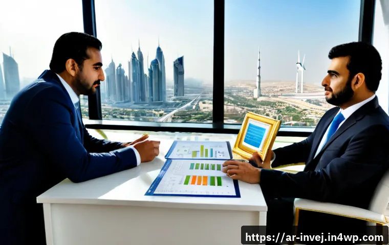 Home 17 대체투자 포트폴리오와 관련된 주요 지표 - Photorealistic wealth management meeting in a modern Gulf city office, Arab financial advisor in mod...